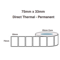 75x33 Direct Thermal Labels 1000 labels per roll ( 6 Rolls ) 75mm wide x 33mm long