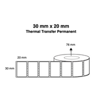 30mm x 20mm Thermal Transfer Permanent Label - 6,500 per roll - 76mm core