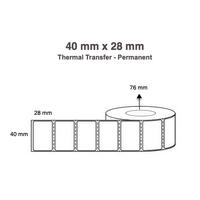 40mm x 28mm Thermal Transfer Permanent Label - 4850 per roll - 76mm core