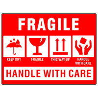 100x75 FRAGILE Safety Warning Label Roll White With Red Printed