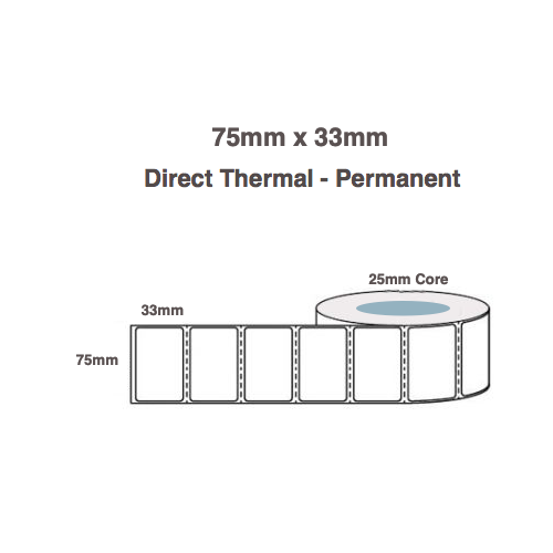 75x33 Direct Thermal Labels 1000 labels per roll ( 6 Rolls ) 75mm wide x 33mm long