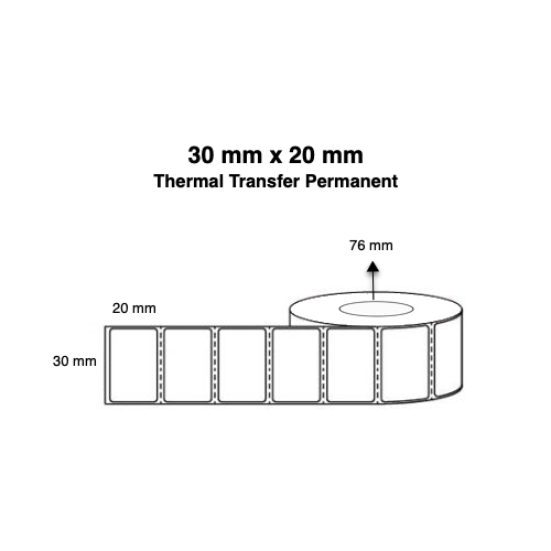 30mm x 20mm Thermal Transfer Permanent Label - 6,500 per roll - 76mm core