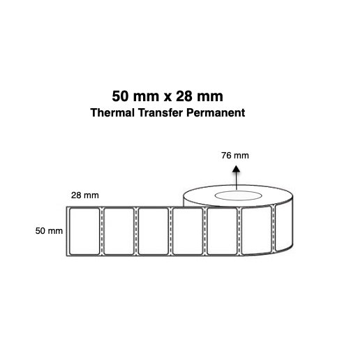 50mm x 28mm Thermal Transfer Permanent Label - 4850 per roll - 76mm core