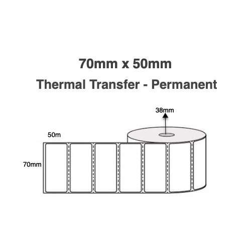 GLOSS Thermal Transfer Barcode Labels 70mm x 50mm x 25mm Core (10 Rolls of 1,000 LPR, Permanent Adhesive)