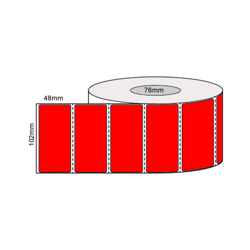 102mm x 48mm Red Thermal Transfer Labels Perforated 2,000 Labels Per Roll 76mm Core