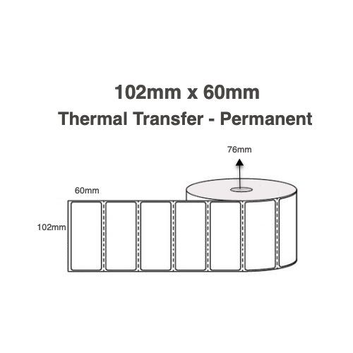 102mm x 60mm x 76mm Thermal Transfer Labels (5 Rolls of 2,000) Permanent Perforated